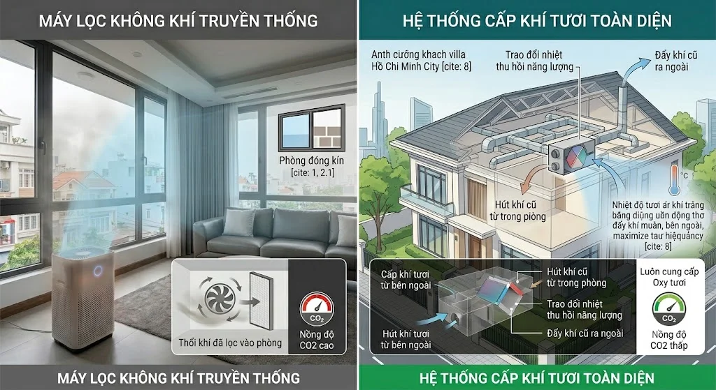 Sự khác biệt giữa máy lọc không khí truyền thống và hệ thống cấp khí tươi toàn diện