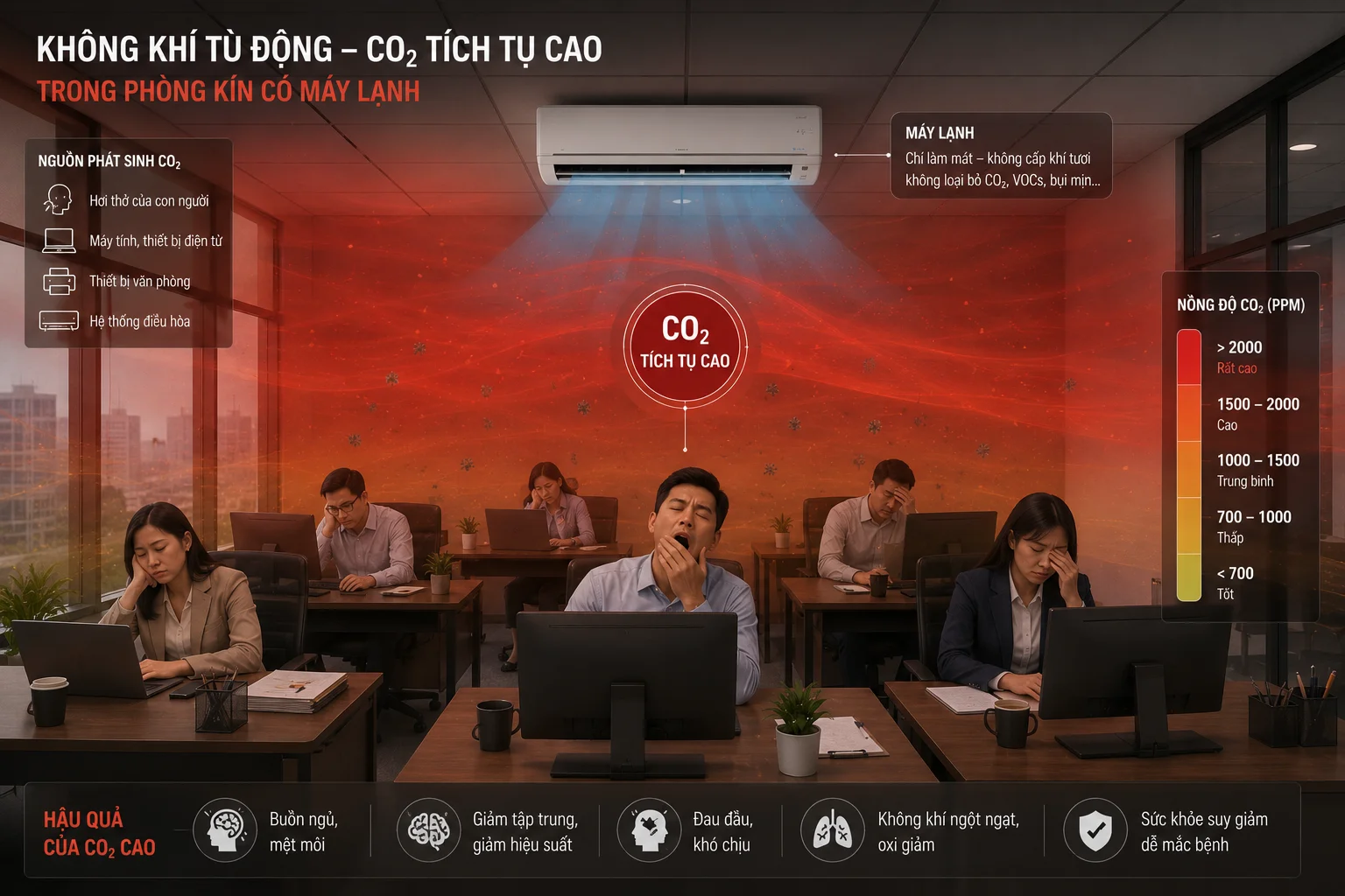 Hiện tượng tích tụ khí CO2 trong phòng máy lạnh kín gây buồn ngủ