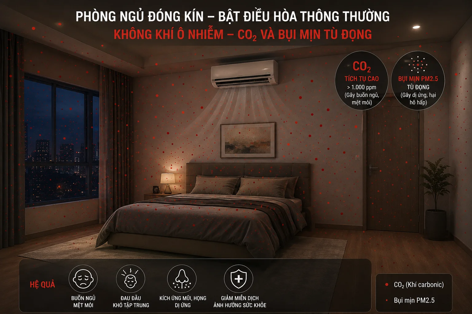 Tác hại khi dùng máy lạnh đóng kín cửa gây tích tụ khí CO2