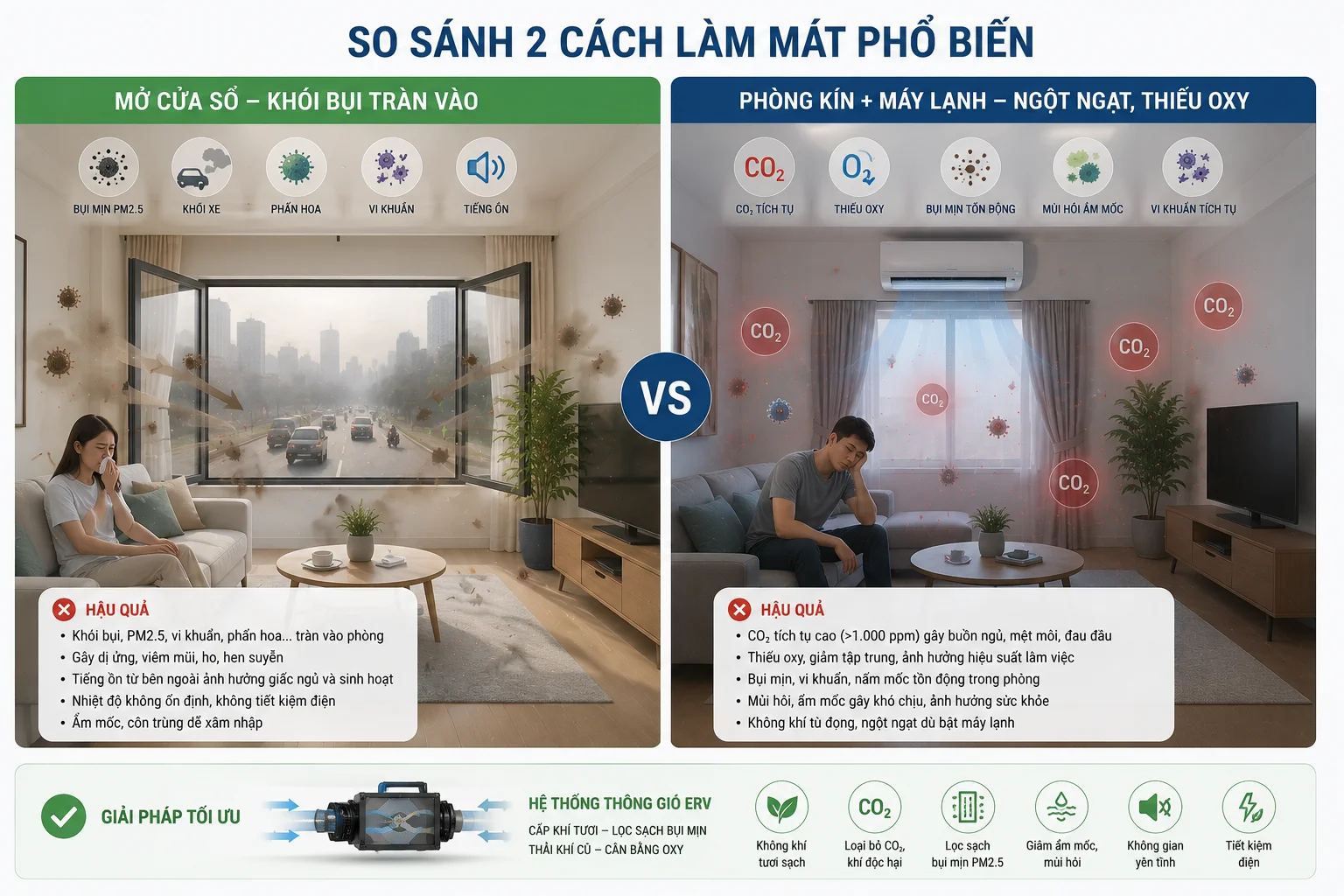 So sánh nhược điểm của mở cửa đón gió tự nhiên và bật máy lạnh phòng kín